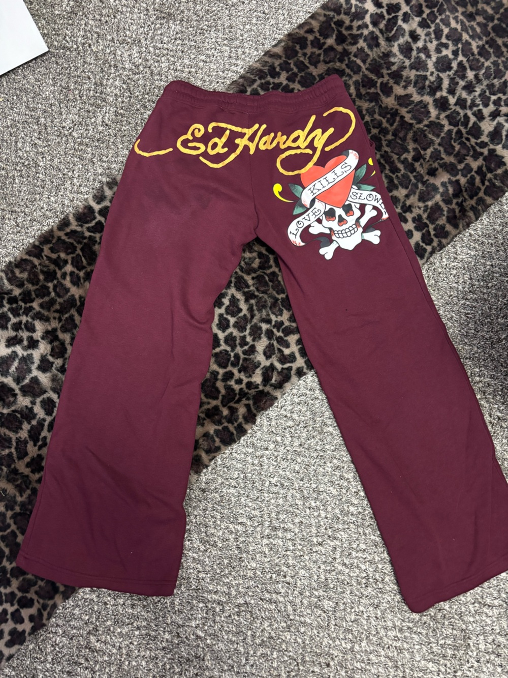 Ed Hardy Maroon Track Pants with Yellow Script & Skull Graphic - Picture 1 of 3